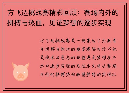 方飞达挑战赛精彩回顾：赛场内外的拼搏与热血，见证梦想的逐步实现