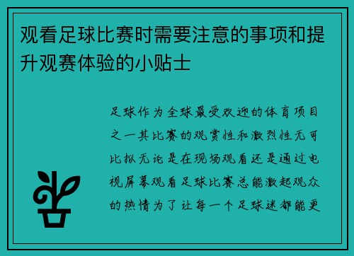 观看足球比赛时需要注意的事项和提升观赛体验的小贴士