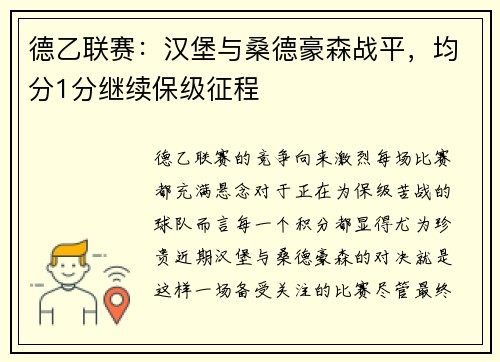 德乙联赛：汉堡与桑德豪森战平，均分1分继续保级征程
